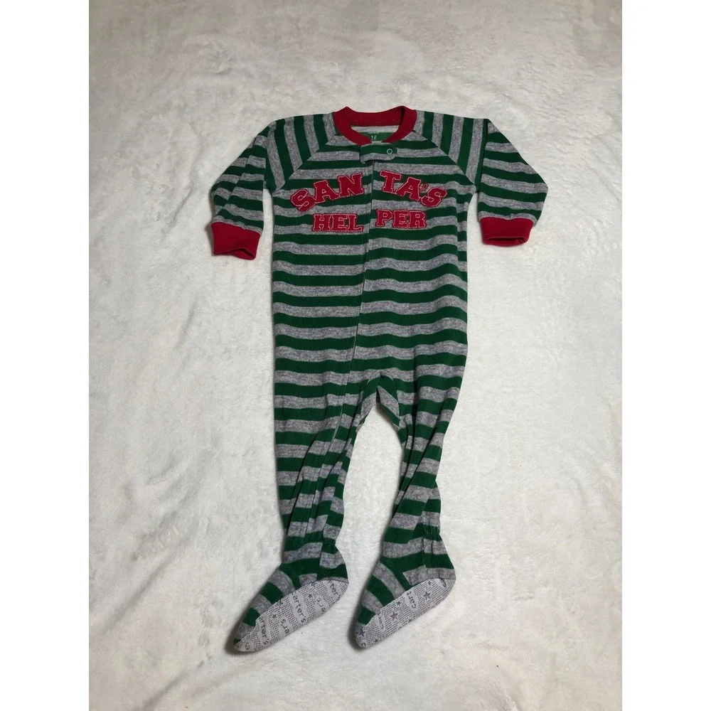 5/$25 Carter's Footed Fleece Sleeper 12 Months Green Gray Santa's Helper Striped